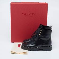 Pre Owned Valentino Black Leather Rockstud Ankle Length Boots Size 36