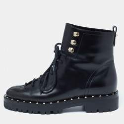 Pre Owned Valentino Black Leather Rockstud Ankle Length Boots Size 36