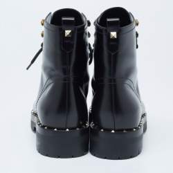 Pre Owned Valentino Black Leather Rockstud Ankle Length Boots Size 36