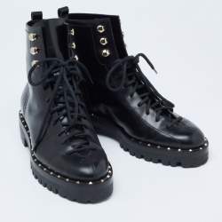 Pre Owned Valentino Black Leather Rockstud Ankle Length Boots Size 36