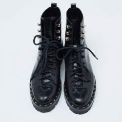 Pre Owned Valentino Black Leather Rockstud Ankle Length Boots Size 36