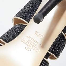 Pre Owned Valentino Black Embellished Satin Sandals Size 37.5