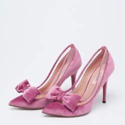 Pre Owned Valentino Pink Velvet and PVC Dollybow Pointed-Toe Pumps Size 37