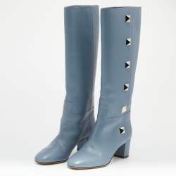 مملوكة مسبقًا بوت فالنتينو روكستد جلد أزرق بطول الركبة مقاس 39