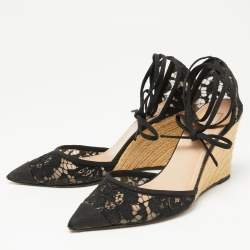 Pre Owned Valentino Black Lace And Mesh Espadrille Wedge Sandals Size 39