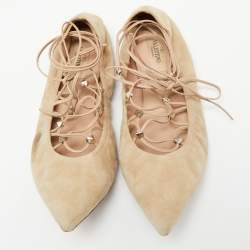 Pre Owned Valentino Beige Suede Pointed Toe Ankle Wrap Ballet Flats Size 38