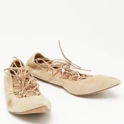 Pre Owned Valentino Beige Suede Pointed Toe Ankle Wrap Ballet Flats Size 38