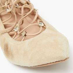 Pre Owned Valentino Beige Suede Pointed Toe Ankle Wrap Ballet Flats Size 38