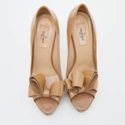 Pre Owned Valentino Beige Patent Leather Bow Peep Toe Platform Pumps Size 39