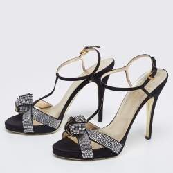 Valentino Black Satin Crystal Embellished Knotted Ankle Wrap Sandals Size 40