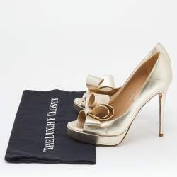 Pre Owned Valentino Metallic Gold Leather Bow Peep Toe Platform Pumps Size 36.5