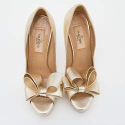 Pre Owned Valentino Metallic Gold Leather Bow Peep Toe Platform Pumps Size 36.5