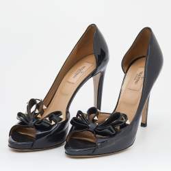 Pre Owned Valentino Black Patent Leather Bow Rockstud D'orsay Pumps Size 39