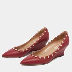 Valentino  Burgundy Leather Rockstud Pointed Toe Wedge Pumps Size 37