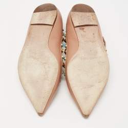 Pre Owned Valentino Beige Leather Rolling Rockstud T-Strap Ballet Flats Size 37.5