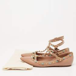 Pre Owned Valentino Beige Leather Rolling Rockstud T-Strap Ballet Flats Size 37.5