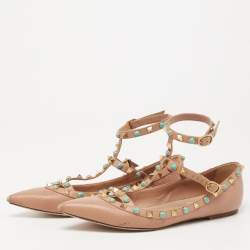 Pre Owned Valentino Beige Leather Rolling Rockstud T-Strap Ballet Flats Size 37.5