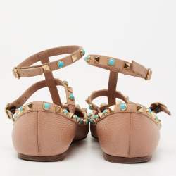 Pre Owned Valentino Beige Leather Rolling Rockstud T-Strap Ballet Flats Size 37.5