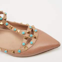 Pre Owned Valentino Beige Leather Rolling Rockstud T-Strap Ballet Flats Size 37.5