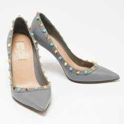 Pre Owned Valentino Grey Leather Rolling Rockstud Pointed Toe  Pumps Size 36.5