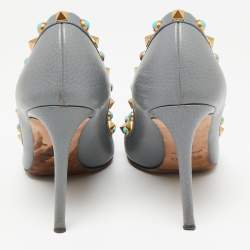 Pre Owned Valentino Grey Leather Rolling Rockstud Pointed Toe  Pumps Size 36.5
