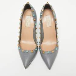 Pre Owned Valentino Grey Leather Rolling Rockstud Pointed Toe  Pumps Size 36.5