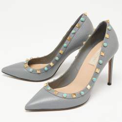 Pre Owned Valentino Grey Leather Rolling Rockstud Pointed Toe  Pumps Size 36.5