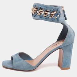 Pre Owned Valentino Blue Suede Chain-Link Accent Ankle Cuff Sandals Size 37.5