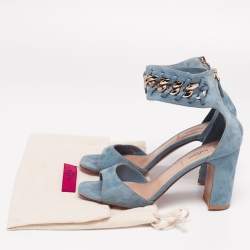 Pre Owned Valentino Blue Suede Chain-Link Accent Ankle Cuff Sandals Size 37.5