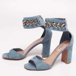 Pre Owned Valentino Blue Suede Chain-Link Accent Ankle Cuff Sandals Size 37.5