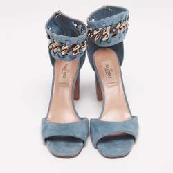 Pre Owned Valentino Blue Suede Chain-Link Accent Ankle Cuff Sandals Size 37.5