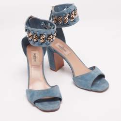 Pre Owned Valentino Blue Suede Chain-Link Accent Ankle Cuff Sandals Size 37.5