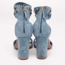 Pre Owned Valentino Blue Suede Chain-Link Accent Ankle Cuff Sandals Size 37.5