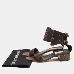 Pre Owned Valentino Brown Leather Studded Buckle Ankle Strap  Sandals Size 38