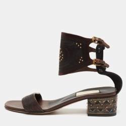 Pre Owned Valentino Brown Leather Studded Buckle Ankle Strap  Sandals Size 38