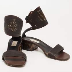 Pre Owned Valentino Brown Leather Studded Buckle Ankle Strap  Sandals Size 38