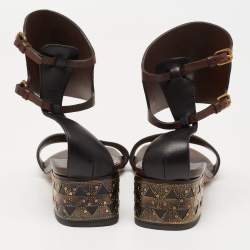 Pre Owned Valentino Brown Leather Studded Buckle Ankle Strap  Sandals Size 38