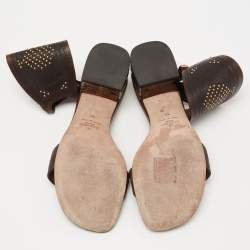 Pre Owned Valentino Brown Leather Studded Buckle Ankle Strap  Sandals Size 38