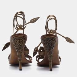 Pre Owned Valentino Olive Green Leather Leaf Applique Ankle-Tie Sandals Size 39
