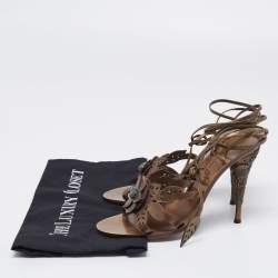 Pre Owned Valentino Olive Green Leather Leaf Applique Ankle-Tie Sandals Size 39