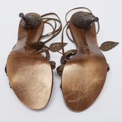 Pre Owned Valentino Olive Green Leather Leaf Applique Ankle-Tie Sandals Size 39