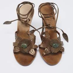 Pre Owned Valentino Olive Green Leather Leaf Applique Ankle-Tie Sandals Size 39