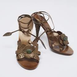 Pre Owned Valentino Olive Green Leather Leaf Applique Ankle-Tie Sandals Size 39