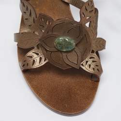 Pre Owned Valentino Olive Green Leather Leaf Applique Ankle-Tie Sandals Size 39