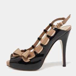 Pre Owned Valentino Black/Beige Patent Leather And Leather Bow Detail Platform Slingback Sandals Size 36