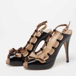 Pre Owned Valentino Black/Beige Patent Leather And Leather Bow Detail Platform Slingback Sandals Size 36