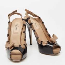 Pre Owned Valentino Black/Beige Patent Leather And Leather Bow Detail Platform Slingback Sandals Size 36