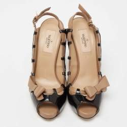 Pre Owned Valentino Black/Beige Patent Leather And Leather Bow Detail Platform Slingback Sandals Size 36