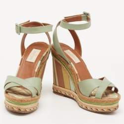 Pre Owned Valentino Pastel Green Leather 1973 Espadrille Wedge Ankle-Strap Sandals Size 35.5