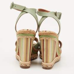 Pre Owned Valentino Pastel Green Leather 1973 Espadrille Wedge Ankle-Strap Sandals Size 35.5